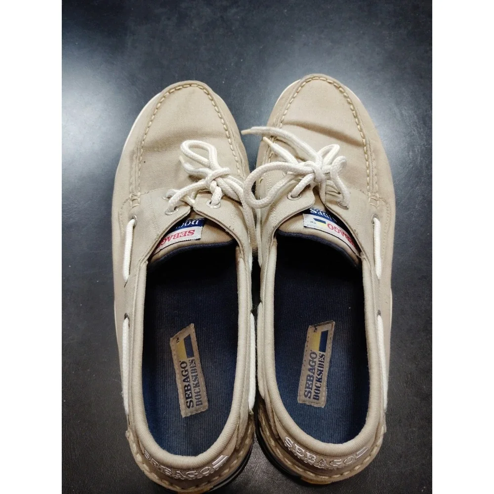 Sebago Docksides Men 13 Beige Canvas Boat Shoes Casual Slip On Loafers Preppy
